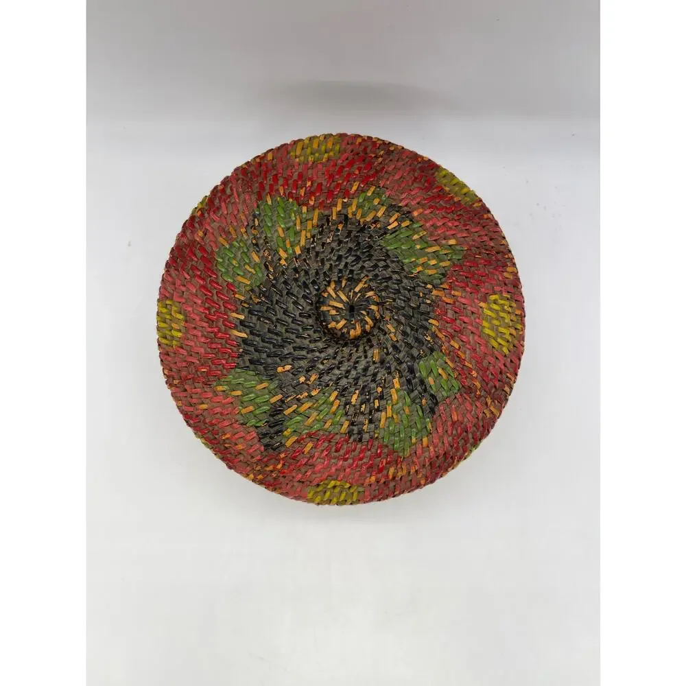Vintage Rattan Woven Lidded Basket Painted